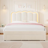 Twin Upholstered LED Bed Frame with Storage Drawer and Adjustable Chic Double Wavy Headboard, Velvet Princess Platform Bed for Kids/Girls, Solid Wood Slats Support, No Box Spring Needed, Beige
